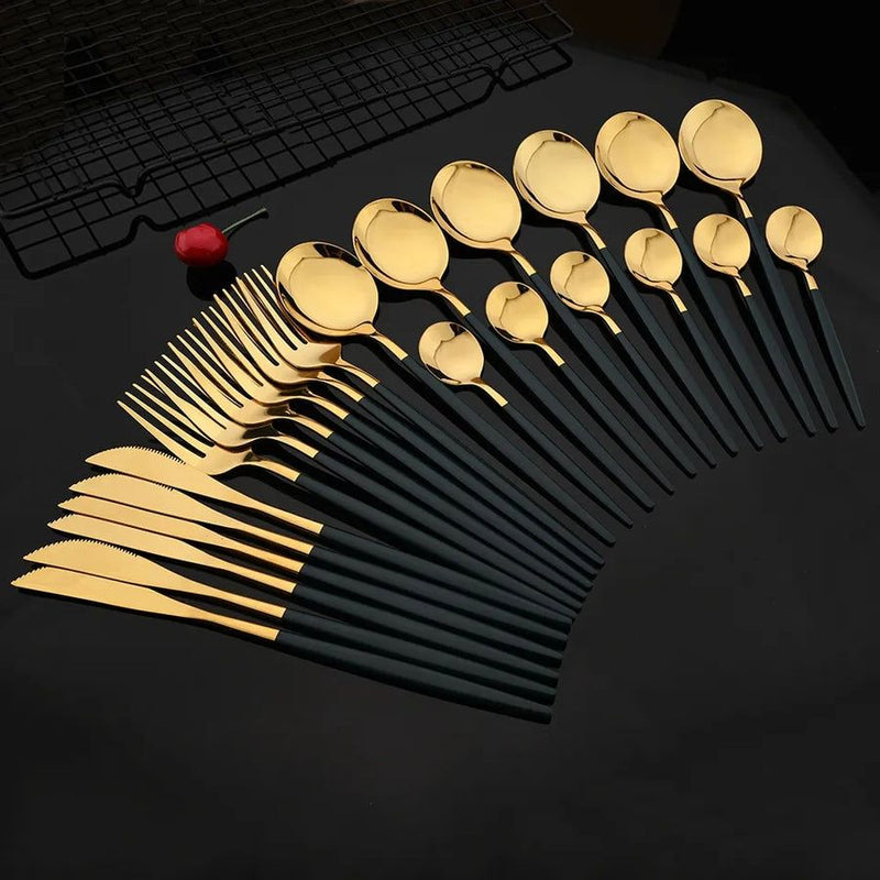 24 Pcs Premium Stainless Steel Dining Cutlery Set Golden & Black