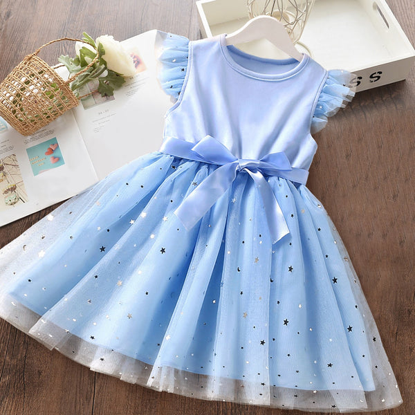 Girls Summer New Flying Sleeves Sequins Mesh Dresses for Kids Girls 2024 Children's Princess Dress 2-6 Yrs Baby Girl Casual Wear