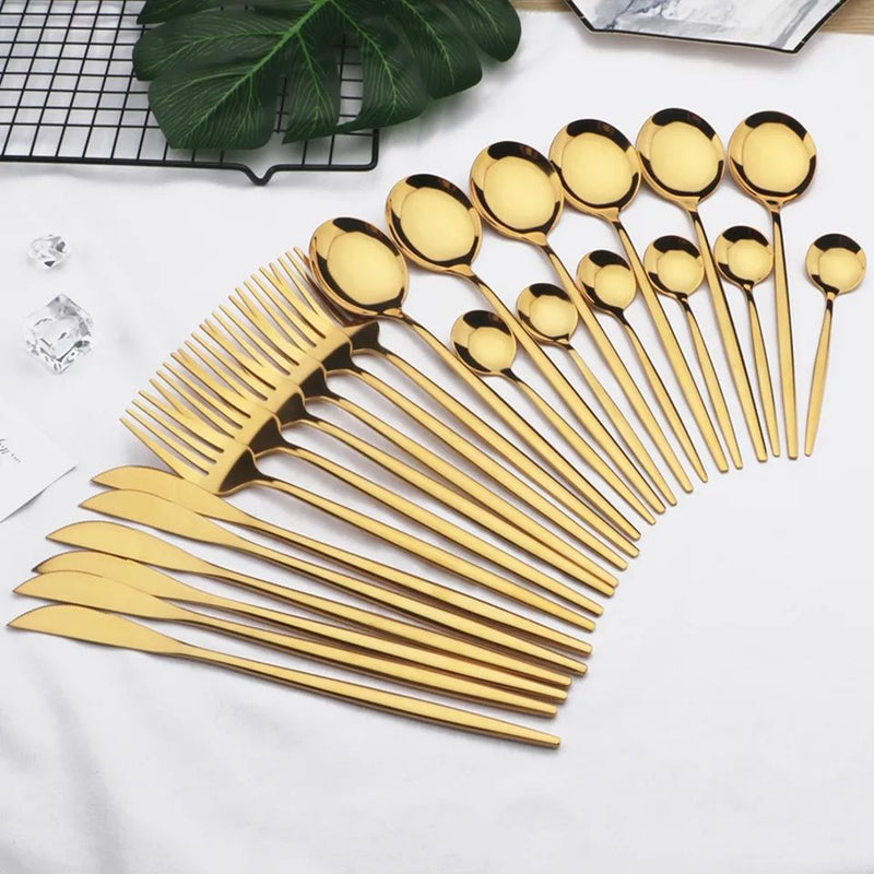 24 Pcs Premium Stainless Steel Dining Cutlery Set Golden & Black