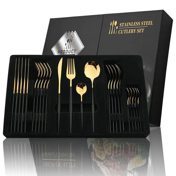 24 Pcs Premium Stainless Steel Dining Cutlery Set Golden & Black