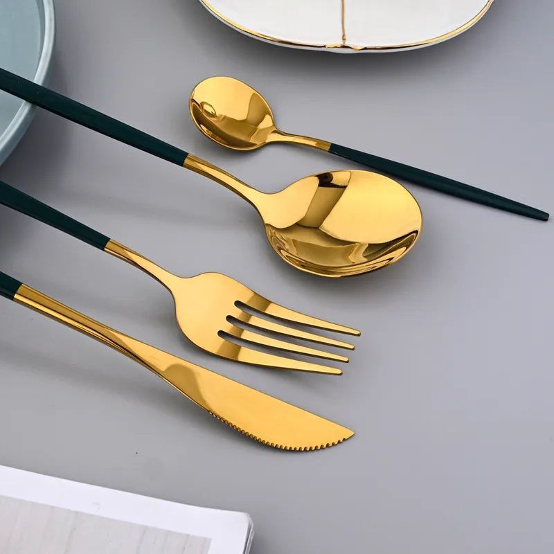 24 Pcs Premium Stainless Steel Dining Cutlery Set Golden & Black