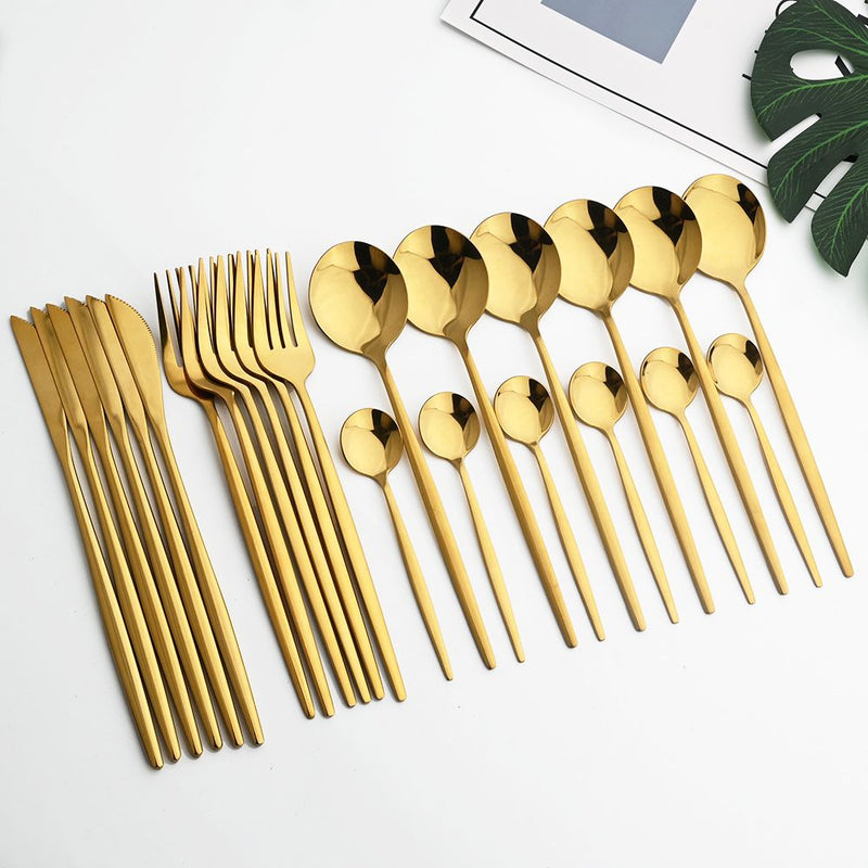 24 Pcs Premium Stainless Steel Dining Cutlery Set Golden & Black