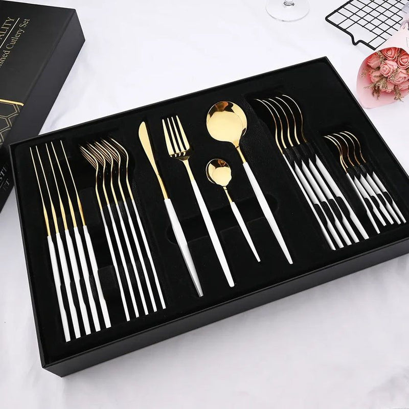 24 Pcs Premium Stainless Steel Dining Cutlery Set Golden & Black